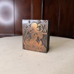 Vintage Letterpress Printing Block “Mouse Playing Flute In A Field” Copper Face